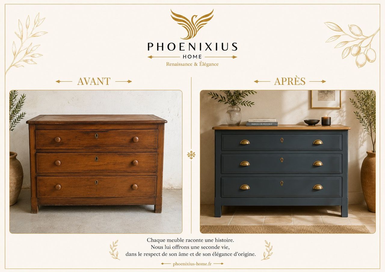 Commode XIXe restaurée en bleu nuit avec poignées en laiton