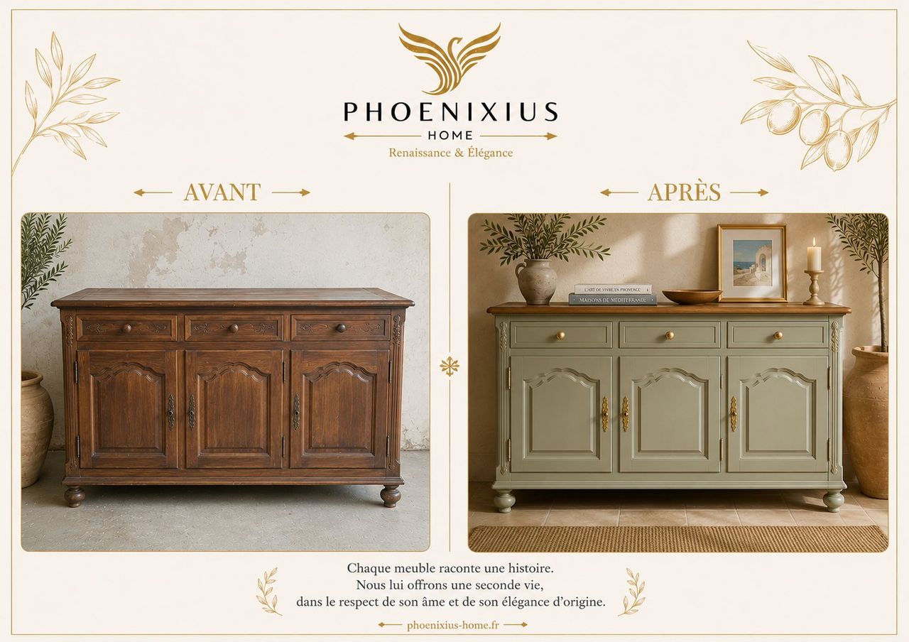 Enfilade Louis-Philippe restaurée en vert olive avec moulures dorées