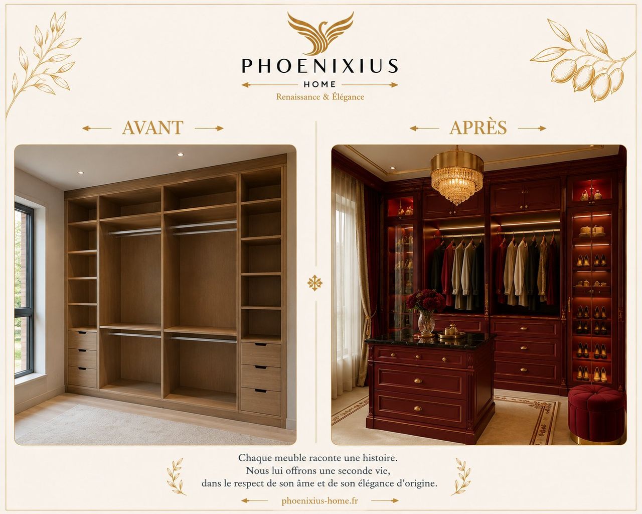 Dressing brut en bois clair avant, après transformé en walk-in bordeaux avec colonnes dorées et îlot central