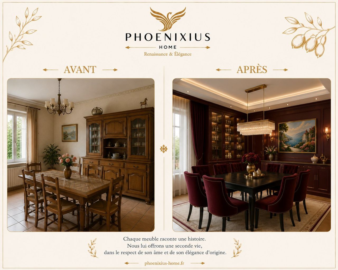 Salle à manger ancienne avec mobilier en chêne avant, après en bordeaux profond avec velours pourpre
