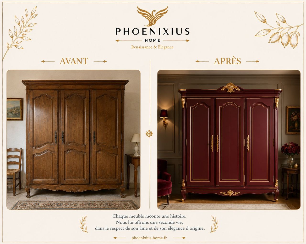 Armoire normande trois portes avant en chêne, après en bordeaux profond avec moulures dorées