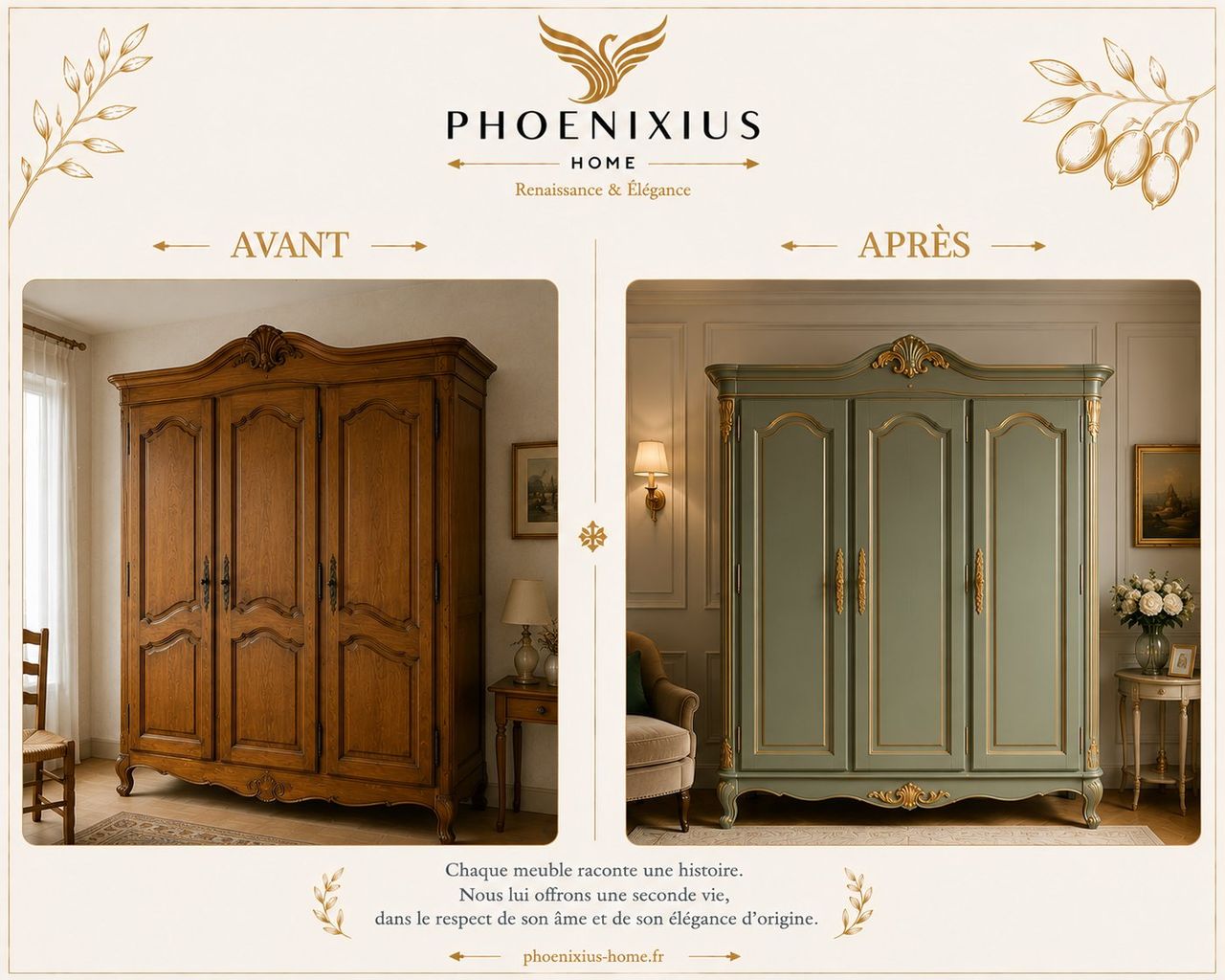 Armoire Louis XV trois portes avant en bois miel, après en vert céladon avec moulures dorées